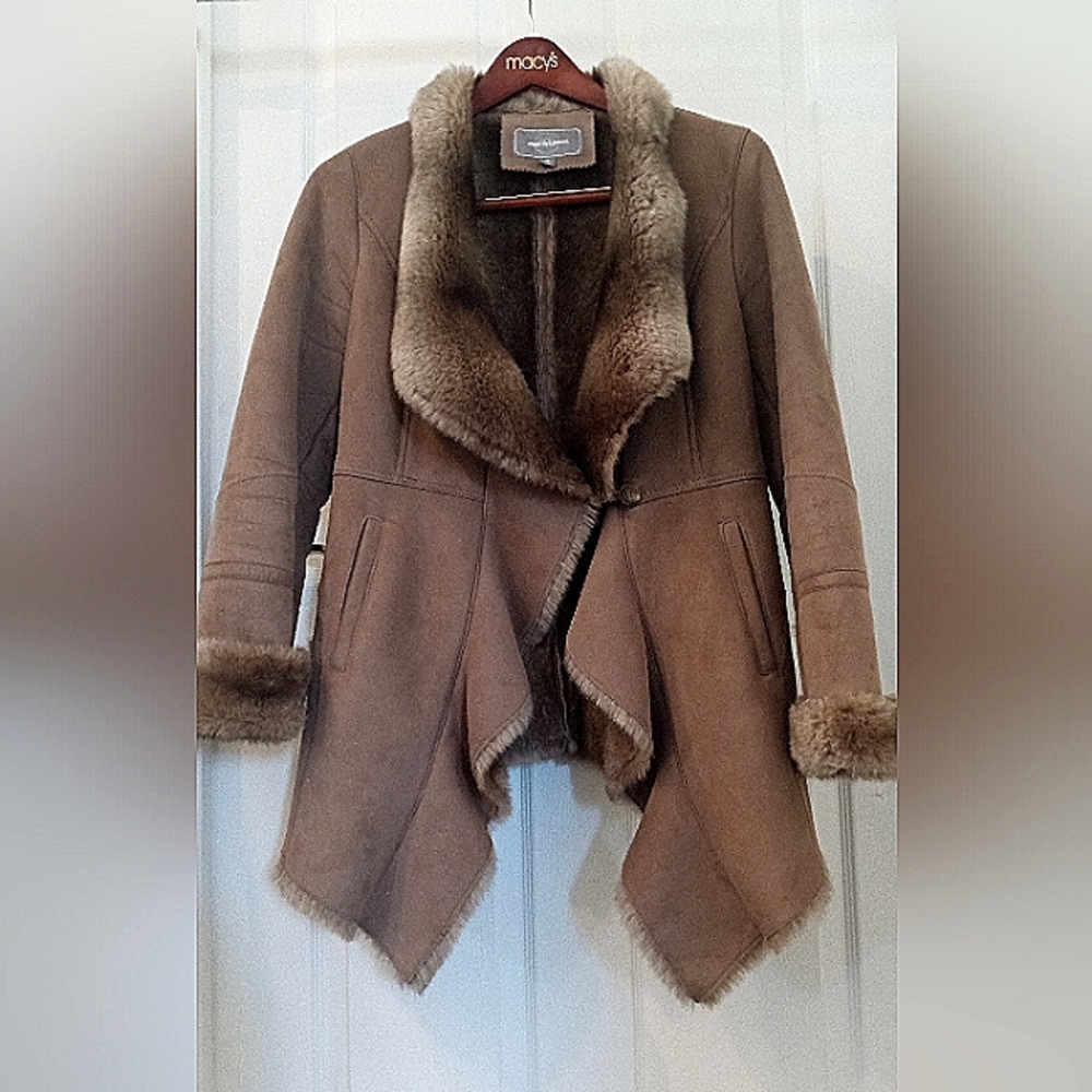 Johnston & Murphy Womens Penny Lane Coat Faux Suede Fur Asymmetrical Sz XS Beige